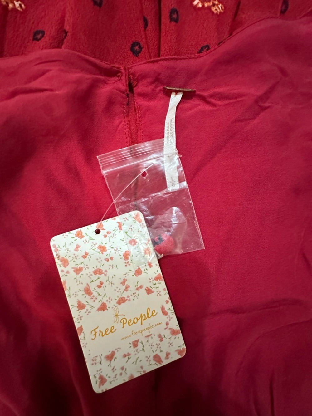 FREE PEOPLE TWO FACES RED PRINT SMOCKED MINI DRESS BOHO PUFF SLEEVE COQUETTE L - Picture 10 of 13